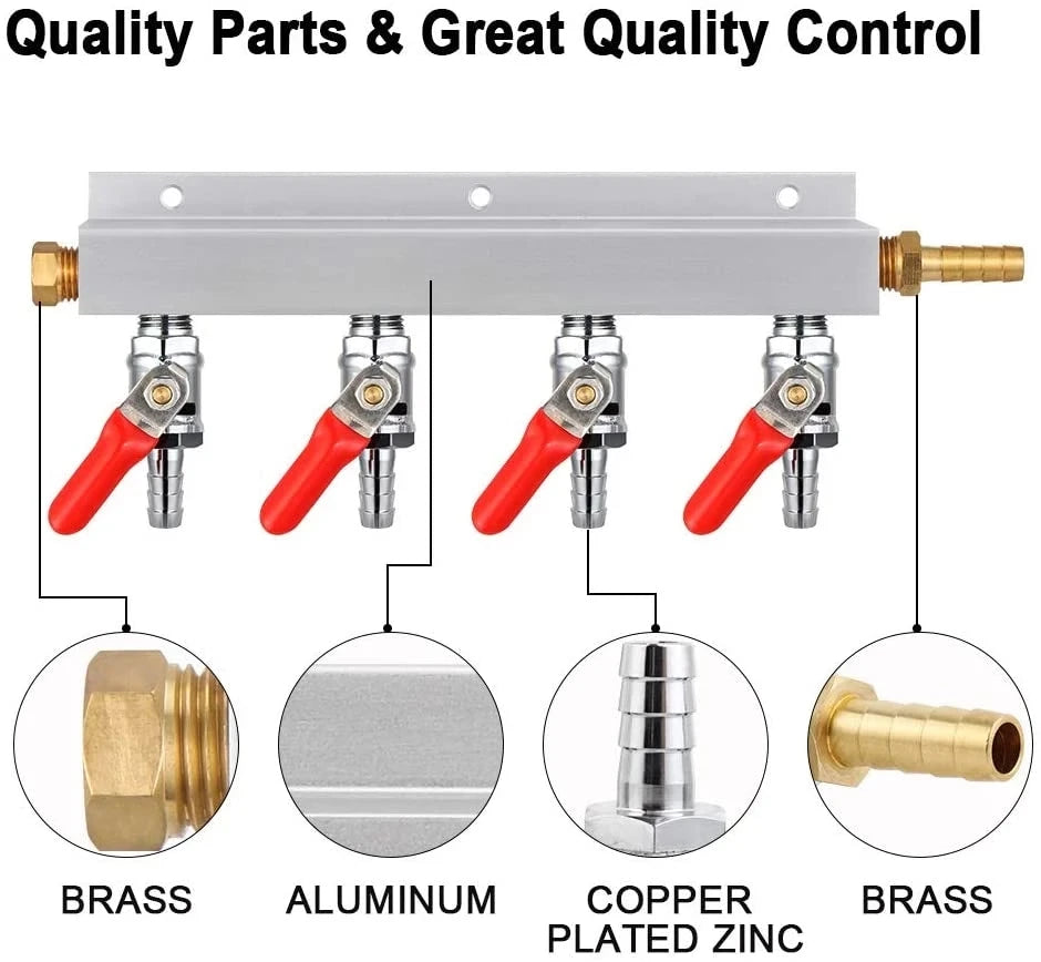 Gas Manifold,Gas Line Splitter,Homebrew Gas Distributor 5/16'' Barb Fitting With Check Valves For Beer Wine Brew 2/3/4 Way