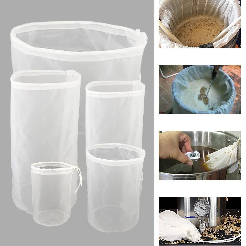 Reusable Brewing Filter Bag Drawstring Straining Cylinder Beer Wine Homebrew Filtering Fine Nylon Mesh Strainer 120 Mesh Bags