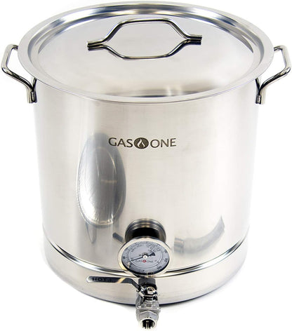 GasOne BS-40 10 Gallon Stainless Steel Kettle Pot Pre Drilled 4 PC Set 40 Quart Tri Ply Bottom for Beer Includes Lid, Thermometer, Ball Valve Spigot-Home Brewing Supplies, QT