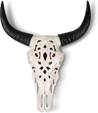 Cow Skull Carved White + Black Faux Steer Skull - 19"