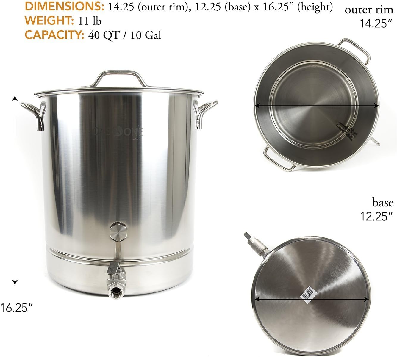 GasOne BS-40 10 Gallon Stainless Steel Kettle Pot Pre Drilled 4 PC Set 40 Quart Tri Ply Bottom for Beer Includes Lid, Thermometer, Ball Valve Spigot-Home Brewing Supplies, QT